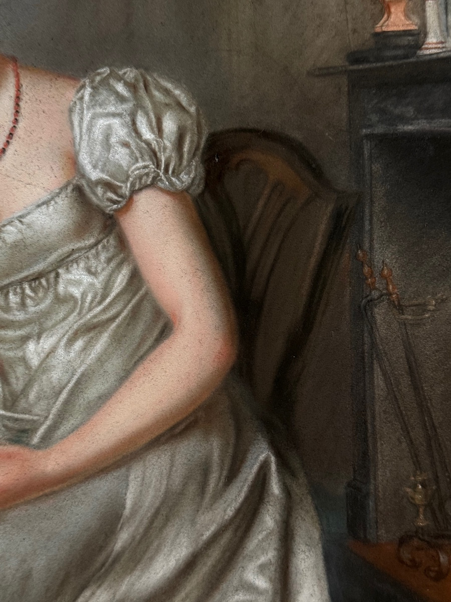 Grand pastel, Dame du Directoire, en 1797 dans son salon, XVIIIeme. -photo-3