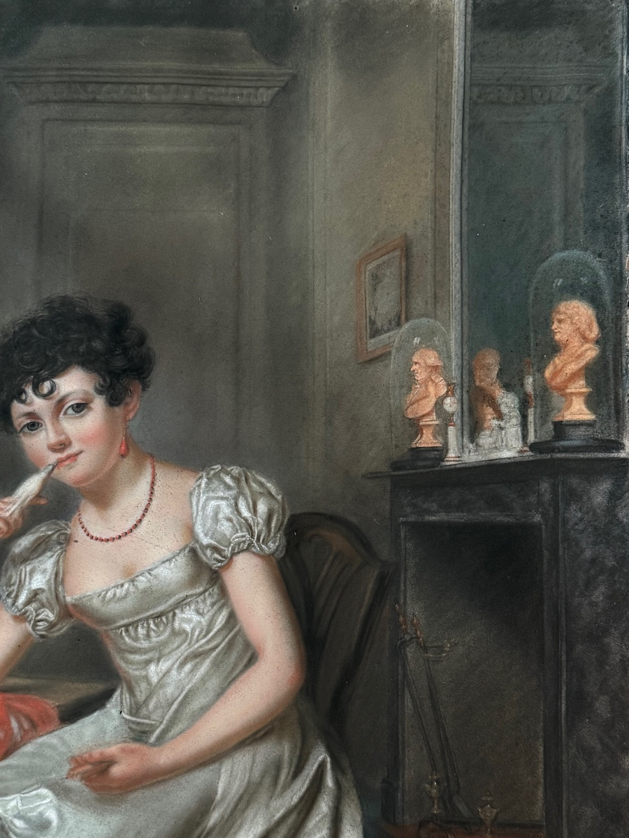 Grand pastel, Dame du Directoire, en 1797 dans son salon, XVIIIeme. -photo-4