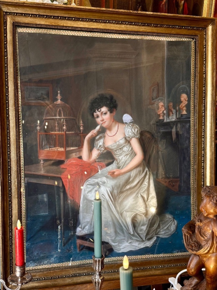 Grand pastel, Dame du Directoire, en 1797 dans son salon, XVIIIeme. -photo-7