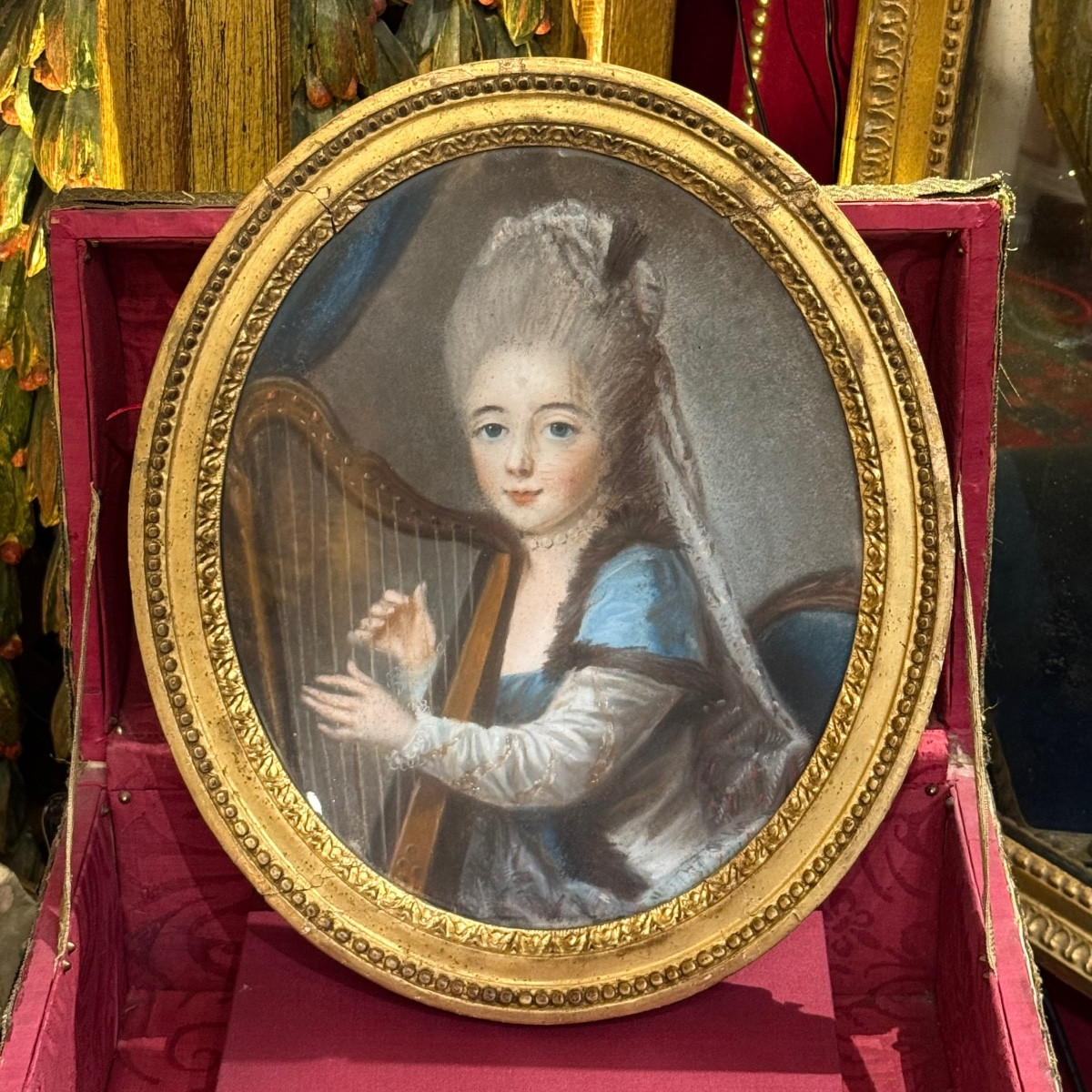 Pastel, Elegant Young Lady With Harp, Circa 1780, Louis XVI Period.-photo-3