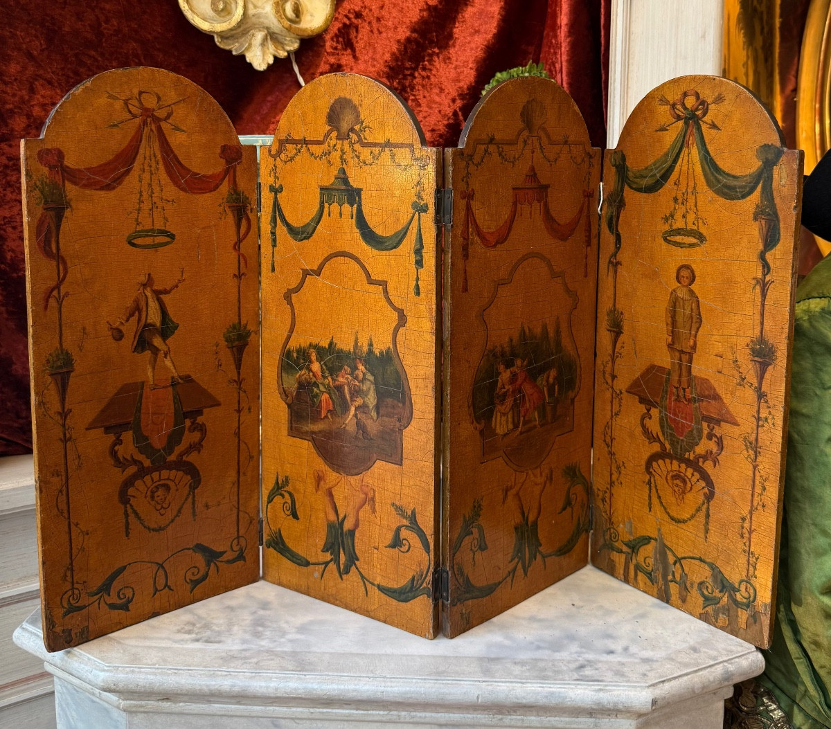 Table Screen, Decorations And Scenes After Watteau, Double-sided Lacquer, Late 19th Century.