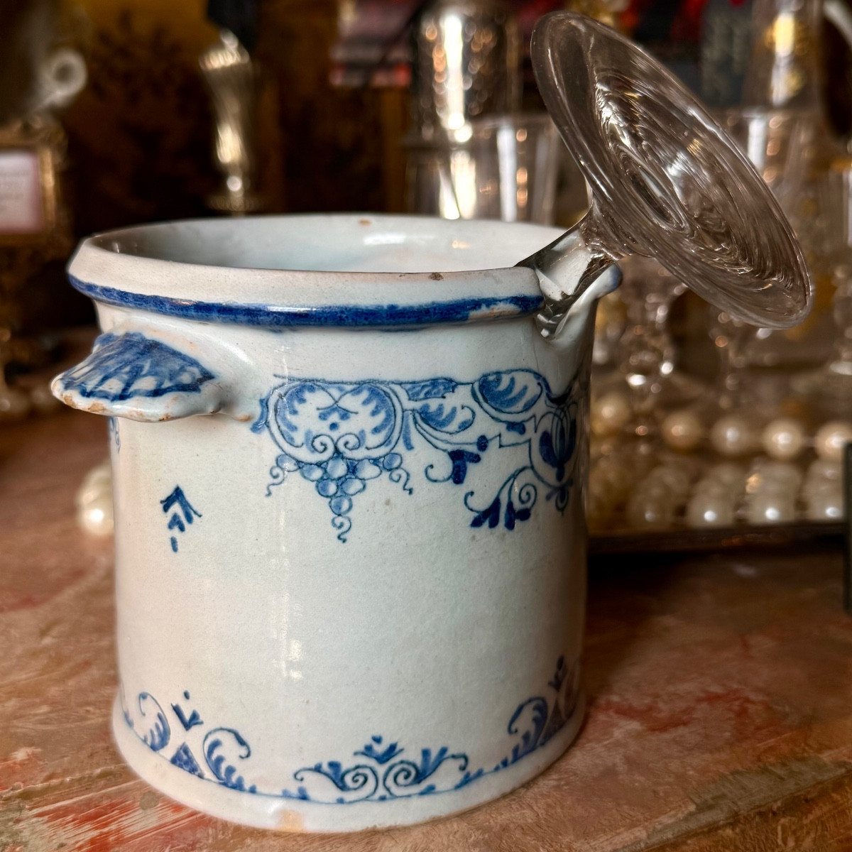 Single-glass Cooler, 18th Century Earthenware, Nevers, Blue Decoration, Mascarons. -photo-3