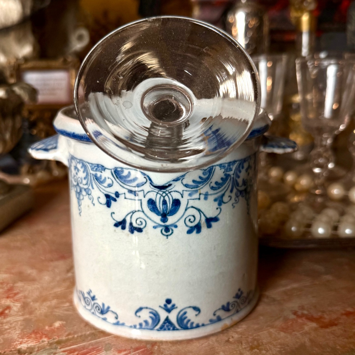 Single-glass Cooler, 18th Century Earthenware, Nevers, Blue Decoration, Mascarons. -photo-7