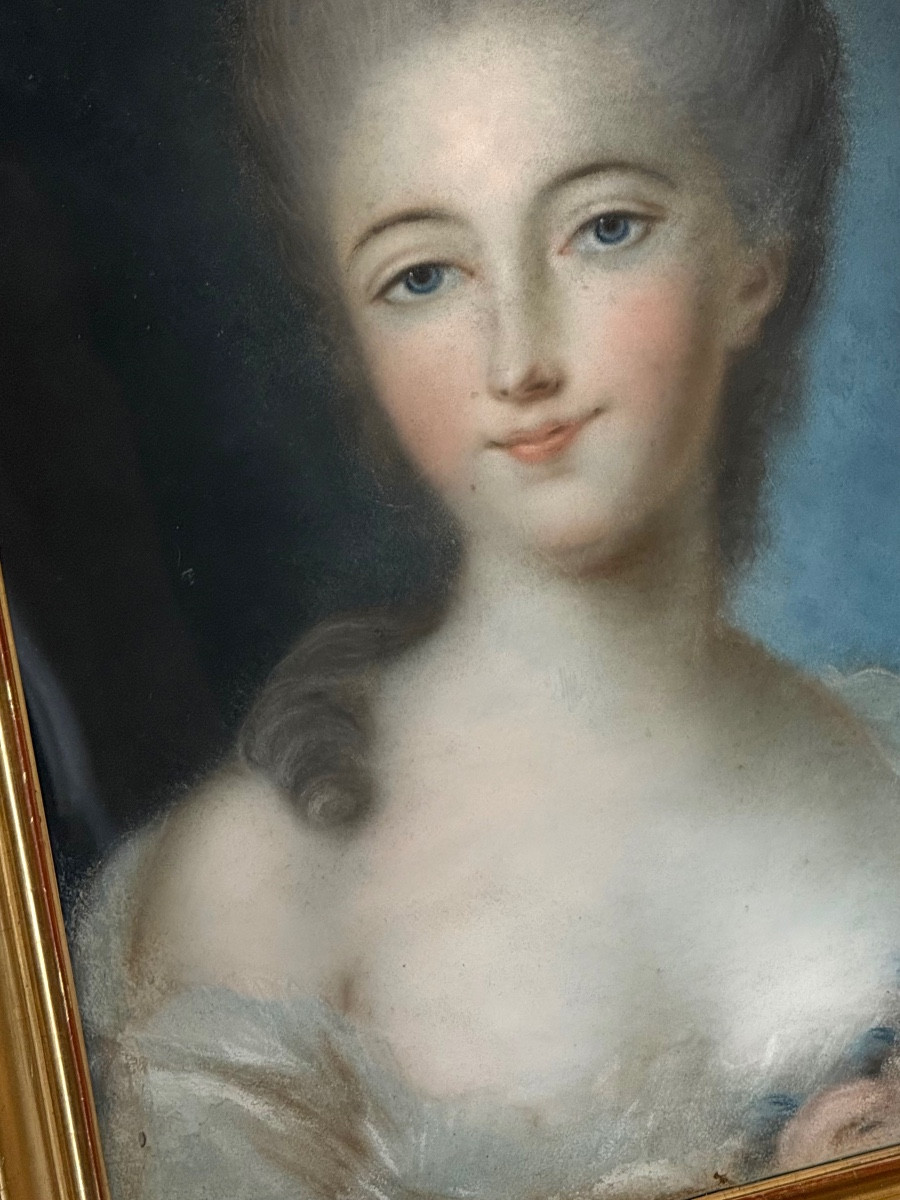 Pastel 18th Century, Young Woman With Spring Roses, Transitional Period.-photo-1