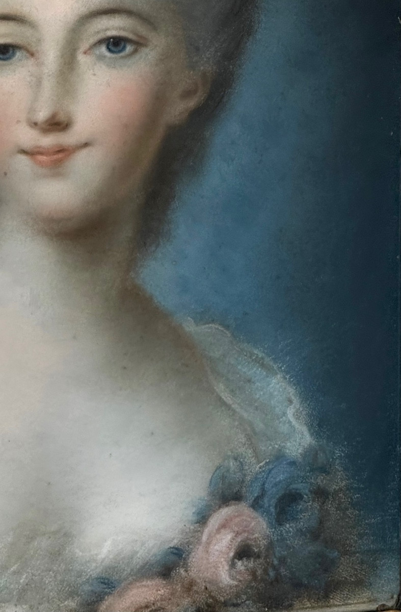 Pastel 18th Century, Young Woman With Spring Roses, Transitional Period.-photo-2