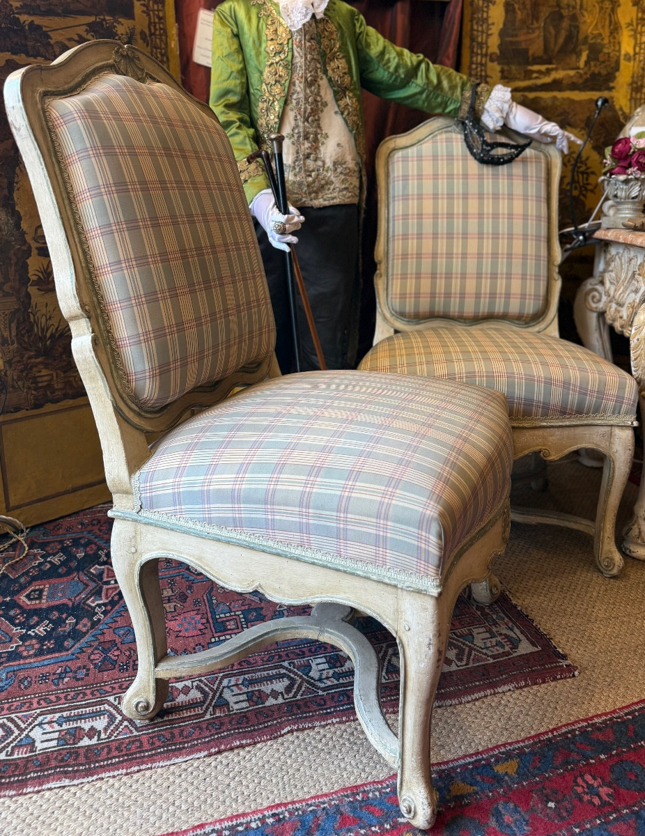 Chaises à la Reine Régence XVIIIé, Provence, laquées, rechampies, entretoises.-photo-3