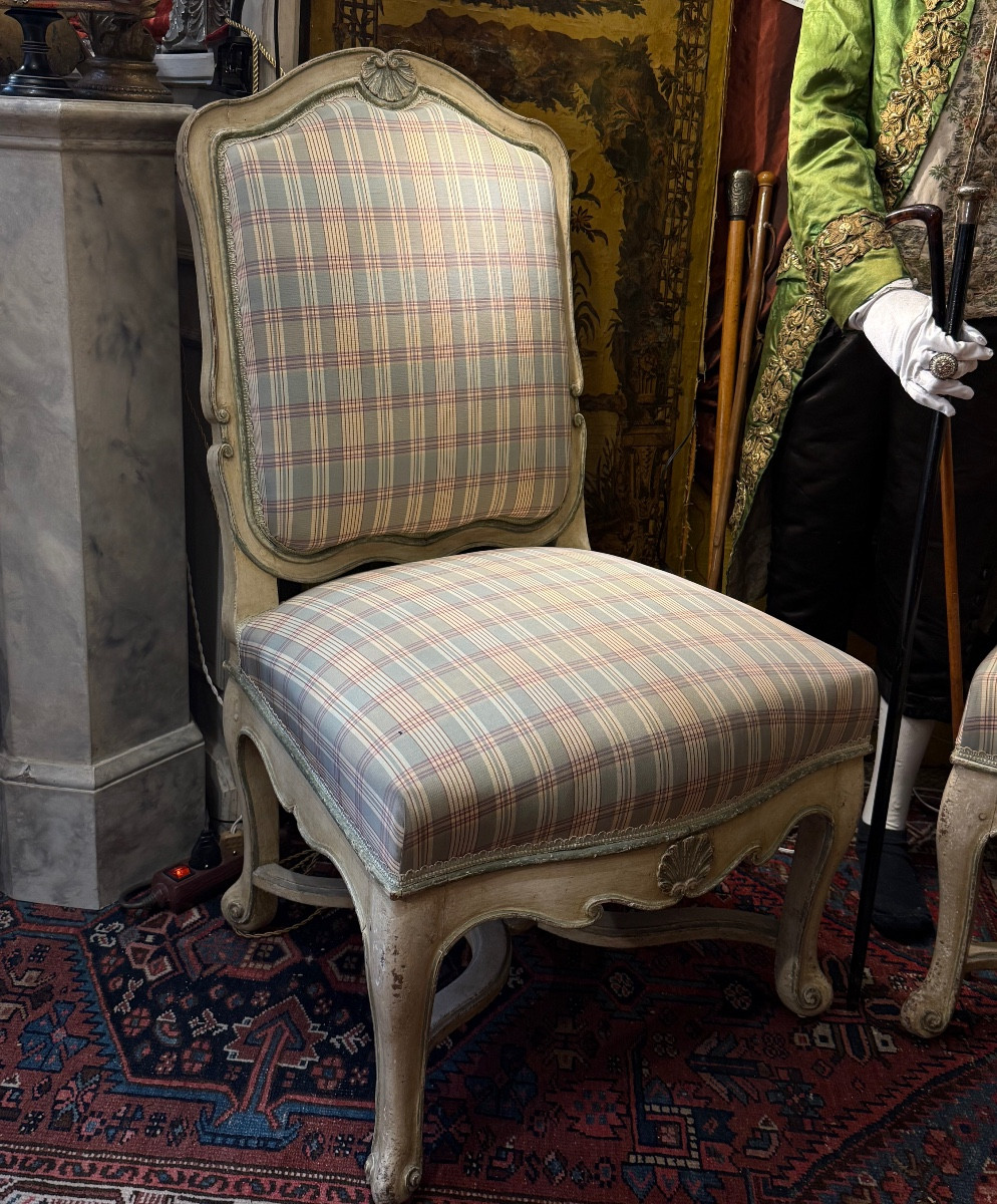 Chaises à la Reine Régence XVIIIé, Provence, laquées, rechampies, entretoises.-photo-2