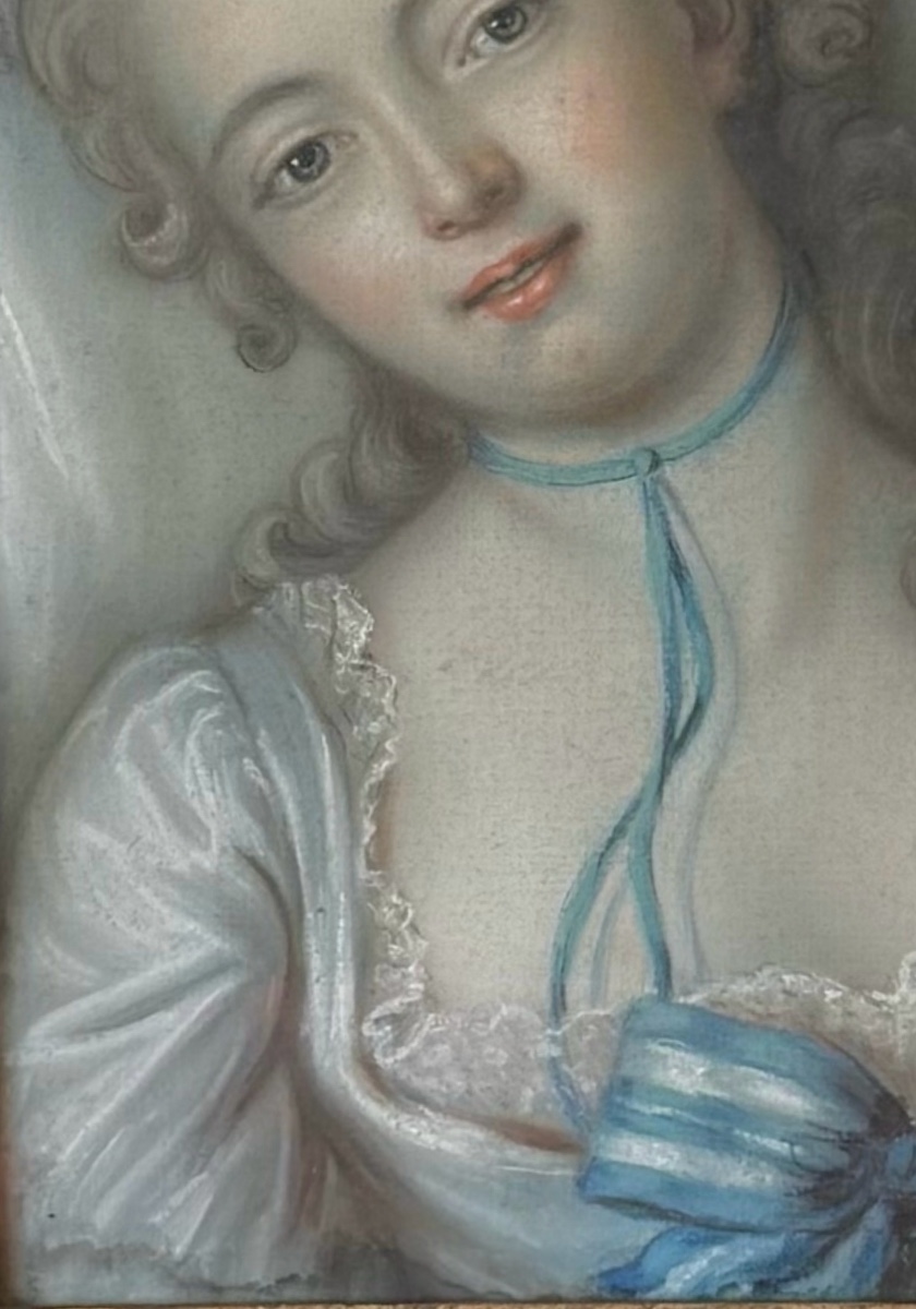 Pastel XVIIIe, jeune femme reposée, sur oreiller soyeux à dentelles, Mme de Villemomble**-photo-1