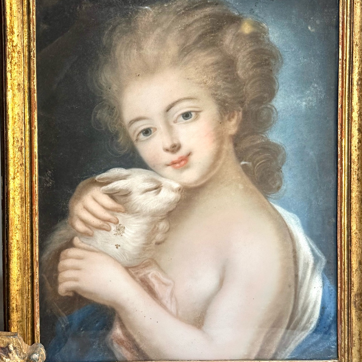 Young Girl In Pastel With Her Little Rabbit, 18th Century-photo-2