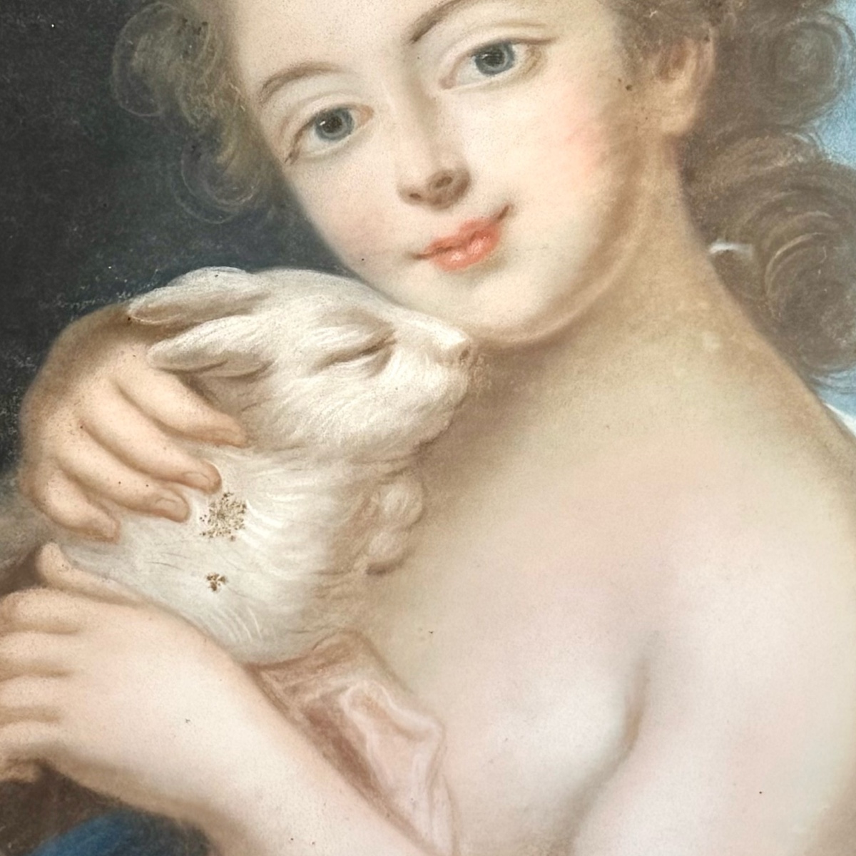 Young Girl In Pastel With Her Little Rabbit, 18th Century-photo-3