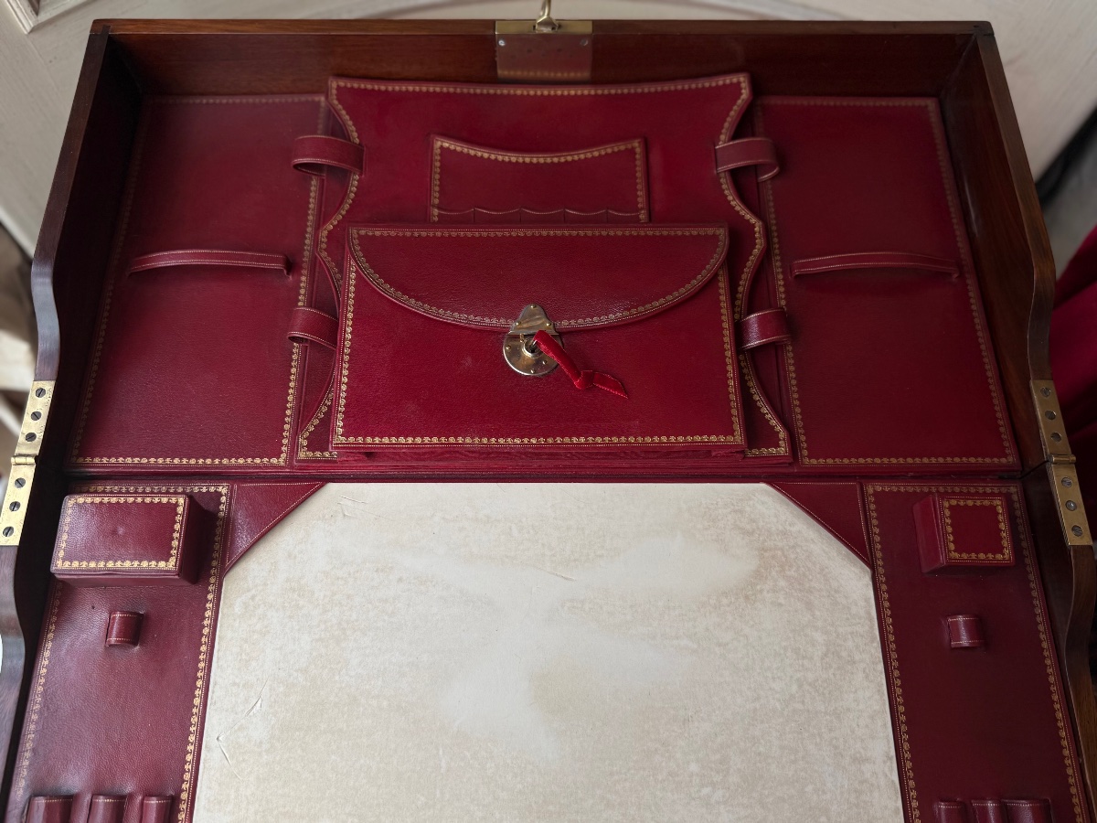 Military Folding Desk, Solid Mahogany, Red Leather, Late 19th Century.-photo-2