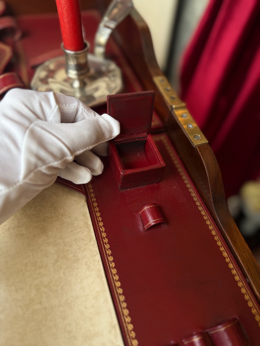 Military Folding Desk, Solid Mahogany, Red Leather, Late 19th Century.-photo-6