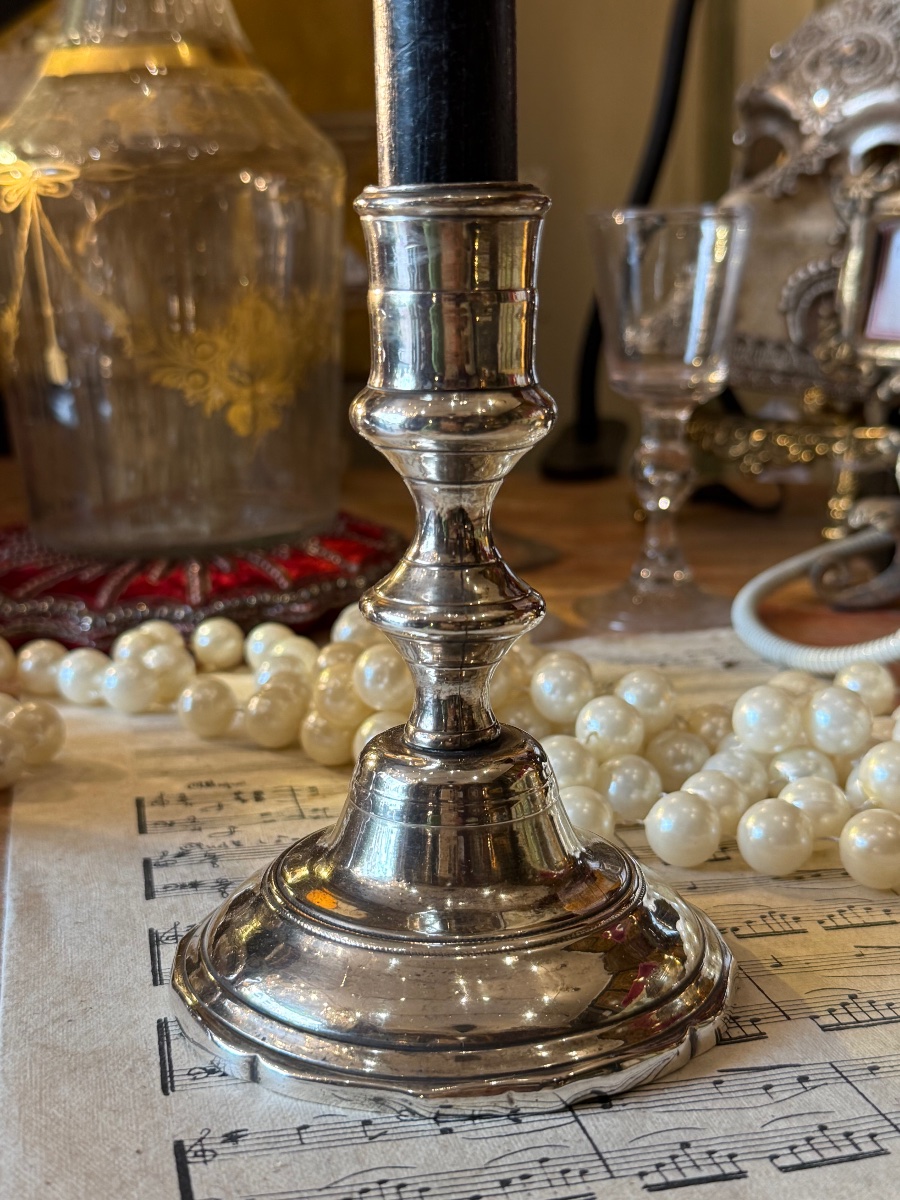 18th-century Silver-plated Metal Toilet Balls, Candleholder, And Bell.-photo-5