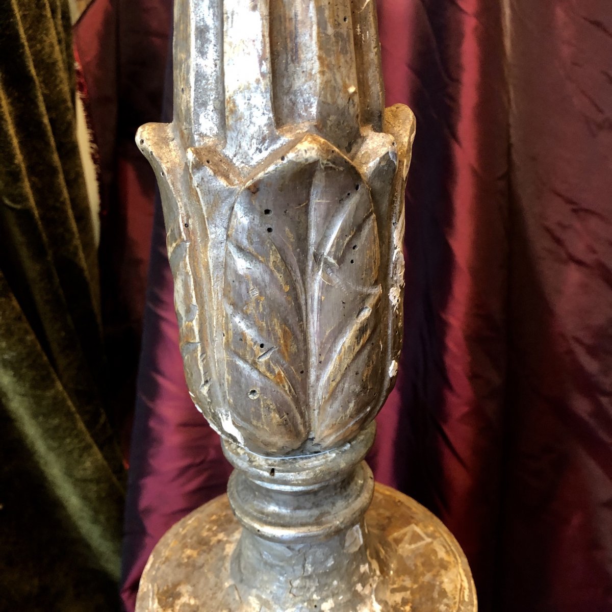 High Pique Candle Lamp, Carved Silver Wood, XVIII.-photo-5