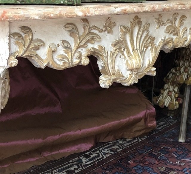 Naples XVIIIè, Large Low Console, Carved, Faux Marble.-photo-3
