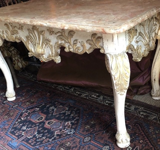 Naples XVIIIè, Large Low Console, Carved, Faux Marble.-photo-1