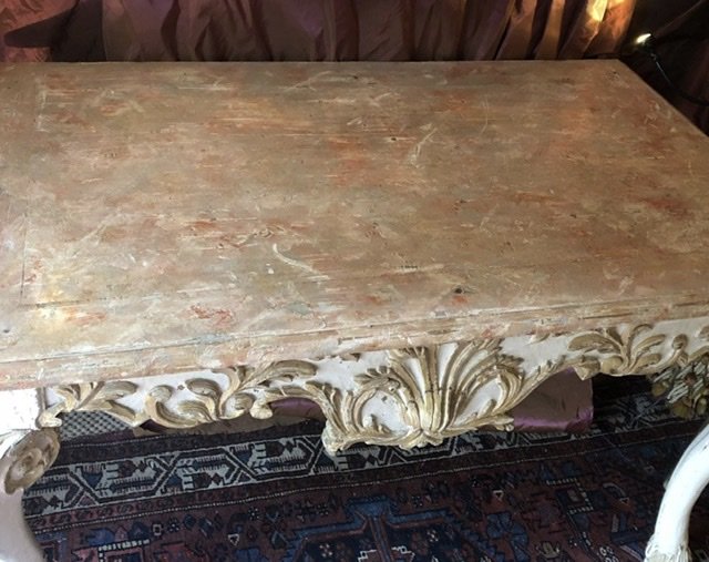 Naples XVIIIè, Large Low Console, Carved, Faux Marble.-photo-3