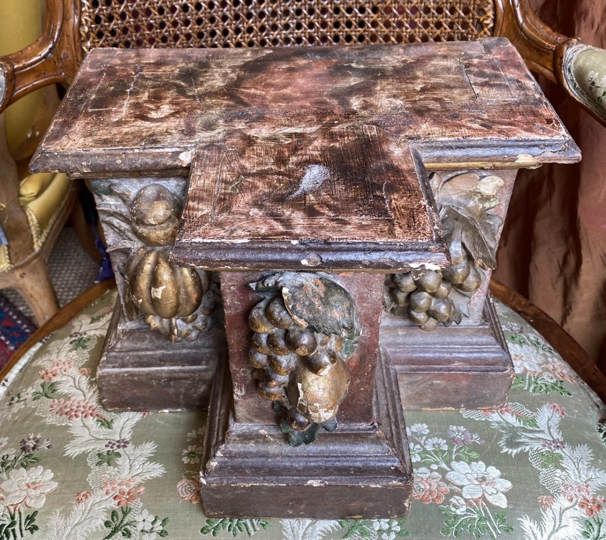 Pair Of Plinths, Polychrome Carved Wood, Late 17th Century, Provence.-photo-1