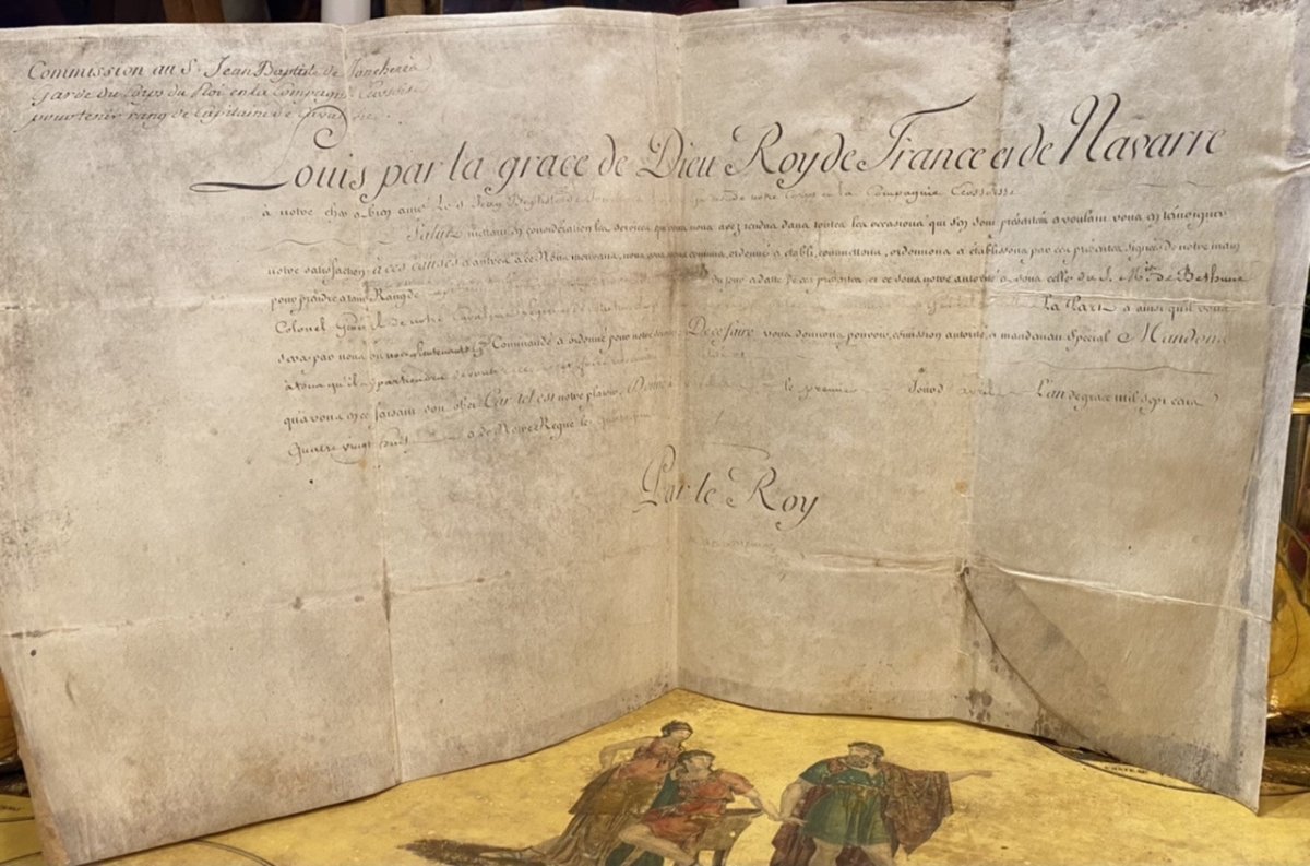 Noble, Capitaine, Maison militaire du Roi,** (A. Vestier attr) + un brevet. Ep. Louis XVI. -photo-3