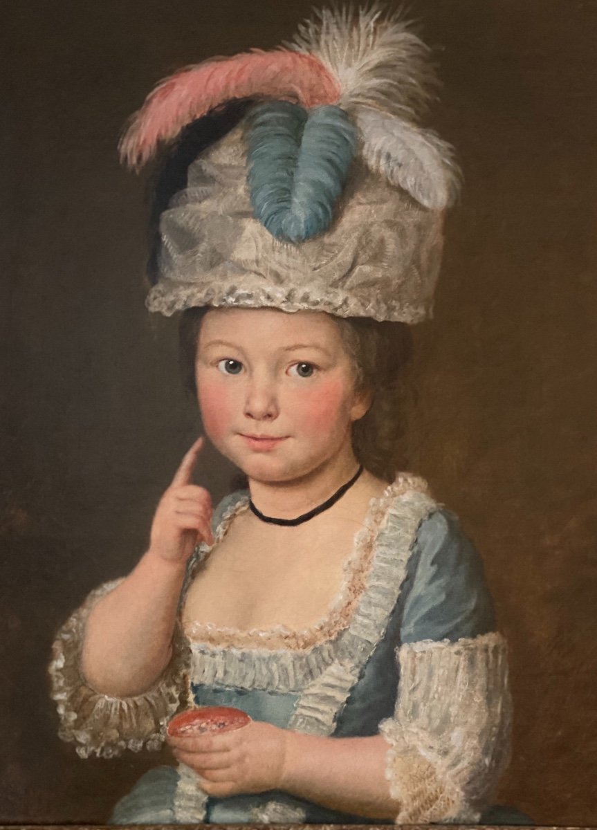 Fillette au bonnet, plumes et fard à joue, fin XVIIIe, ép. Louis XVI -photo-2