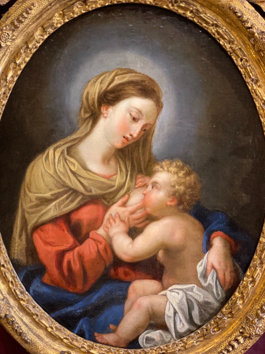 End Of 17th Century, Dazzling Portrait, Virgin And Child With Breast, Roman School, Circa 1700-photo-2