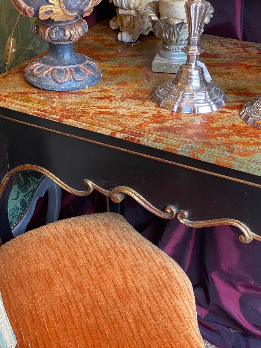 Table en console XVIIIe, laquée noire, à dorures.-photo-3