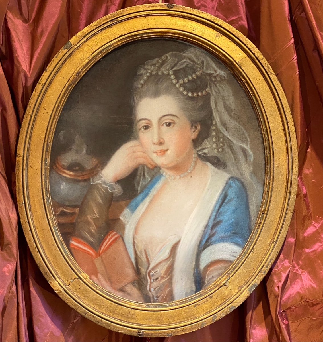 Élégante aux perles, à sa lecture, Pastel XVIIIe ép. Louis XVI-photo-2
