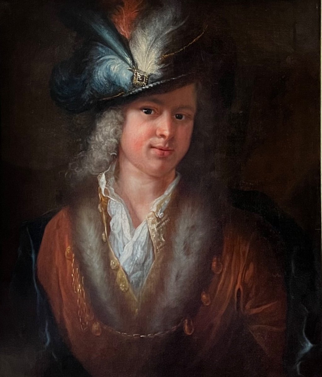 Portrait d’homme attribué à JF Courtin vers 1730, à la coiffe ornée de plumes. -photo-1