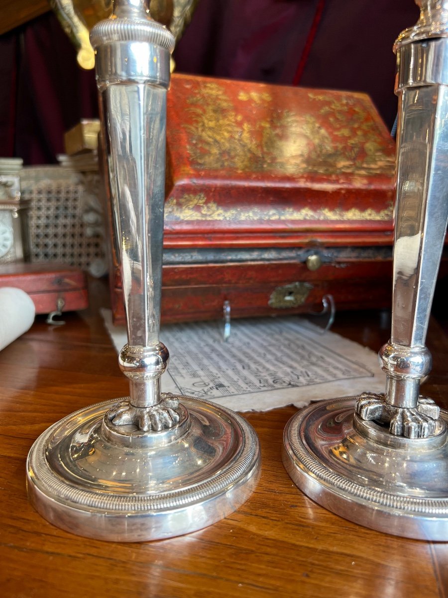 Pair Of Candlesticks Late 18th Century, Fleurs De Lys, Silver Bronze-photo-3