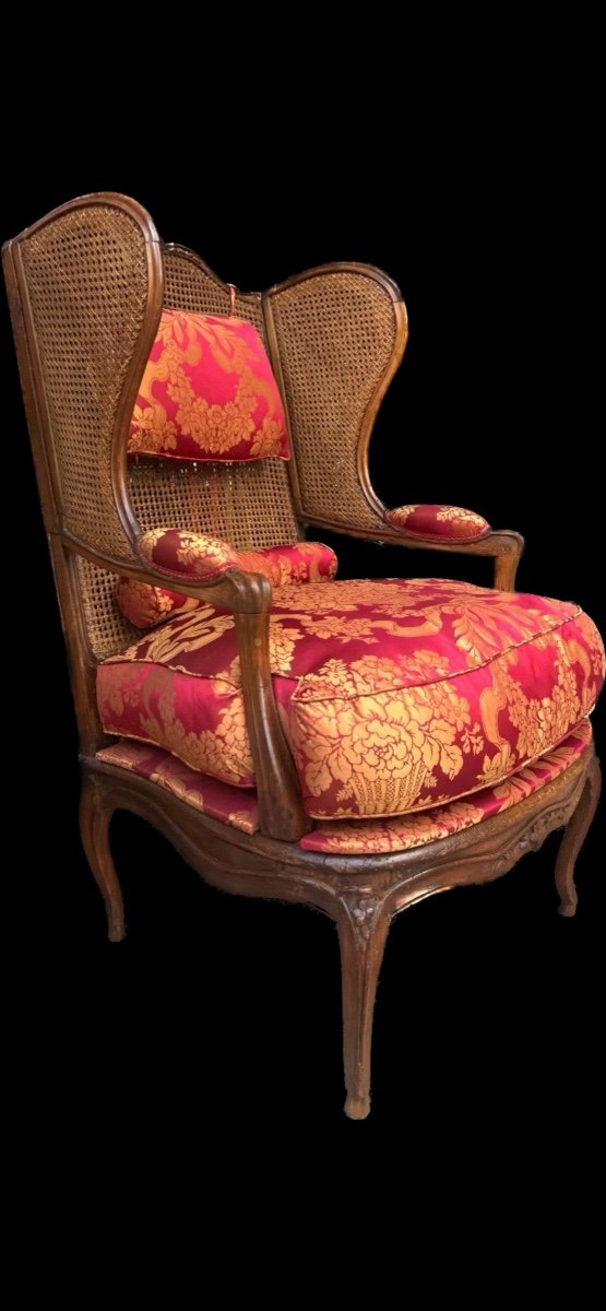 Imposante rare bergère estampillée  BOUCAULT, époque Louis XV, fond de canne-photo-2