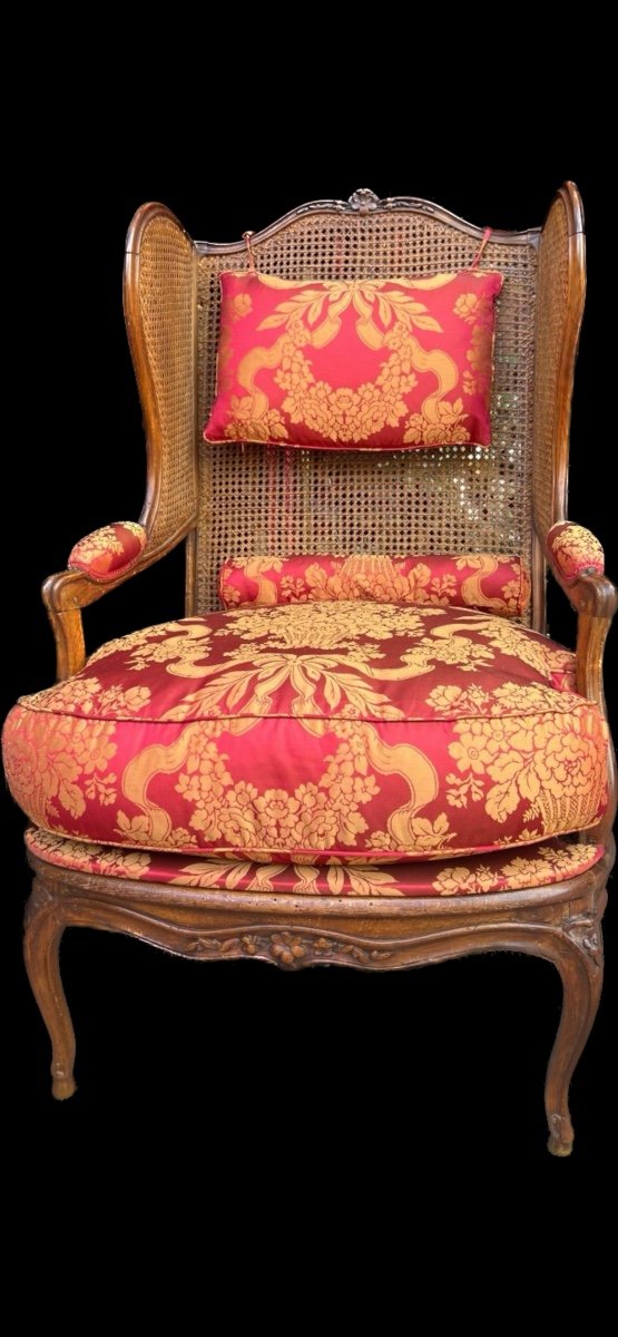 Imposante rare bergère estampillée  BOUCAULT, époque Louis XV, fond de canne-photo-1