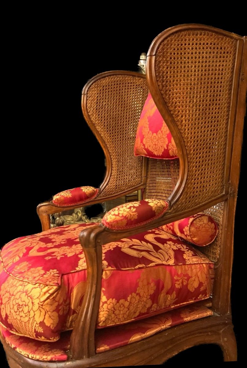 Imposante rare bergère estampillée  BOUCAULT, époque Louis XV, fond de canne-photo-4