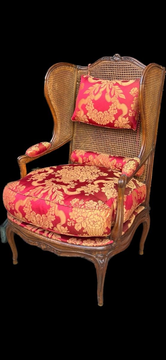 Imposante rare bergère estampillée  BOUCAULT, époque Louis XV, fond de canne-photo-8