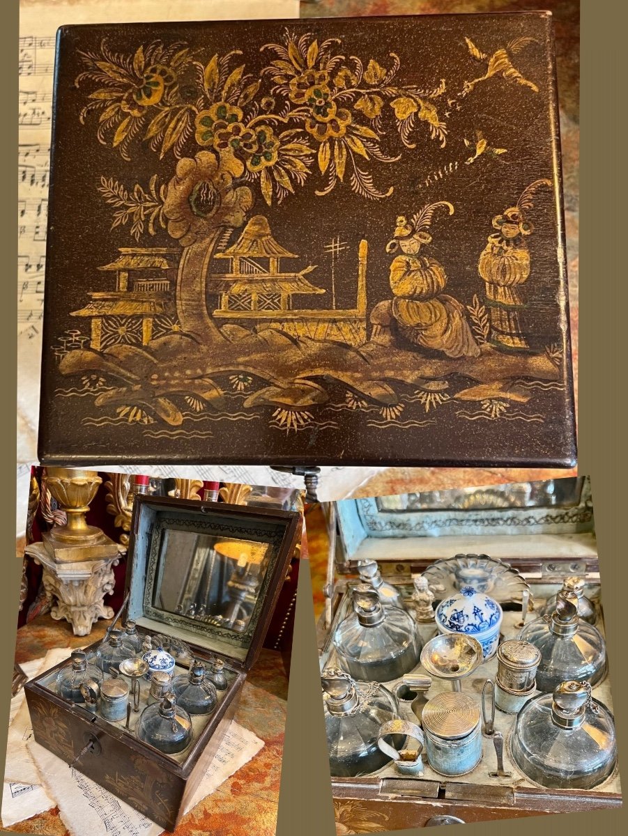 Rare coffret  à senteurs, parfums, beauté, laqué décoré  sinisant, Louis XV, v. 1770. 