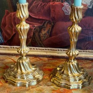 Very Beautiful Pair Of Candlesticks, Original Gilded, Louis XV Period, V. 1750.