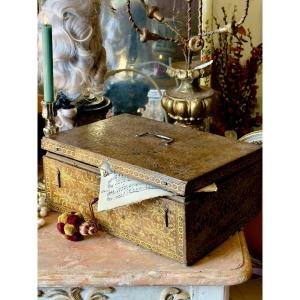 Large 18th Century Leather Box, With Gold Motifs Stamped On All Sides.