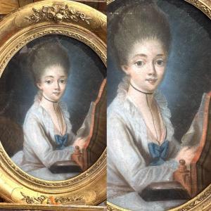 Pastel Circa 1780, Young Woman With Letter, In Mirror, Louis XVI Period.