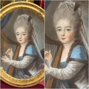 Pastel, Elegant Young Lady With Harp, Circa 1780, Louis XVI Period.