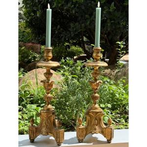 Pair Of 18th-century Louis XIV Candlesticks, Gilded Wood, For Candles. 