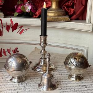 18th-century Silver-plated Metal Toilet Balls, Candleholder, And Bell.