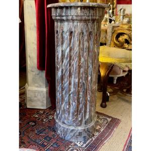 20th-century Faux Marble Column On A Wooden Base.