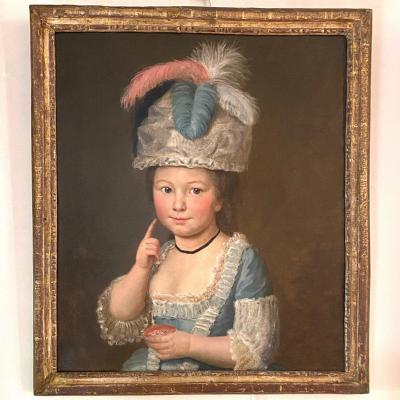 Little Girl With A Feather Bonnet And Blush, End Of The 18th Century, Th. Louis XVI