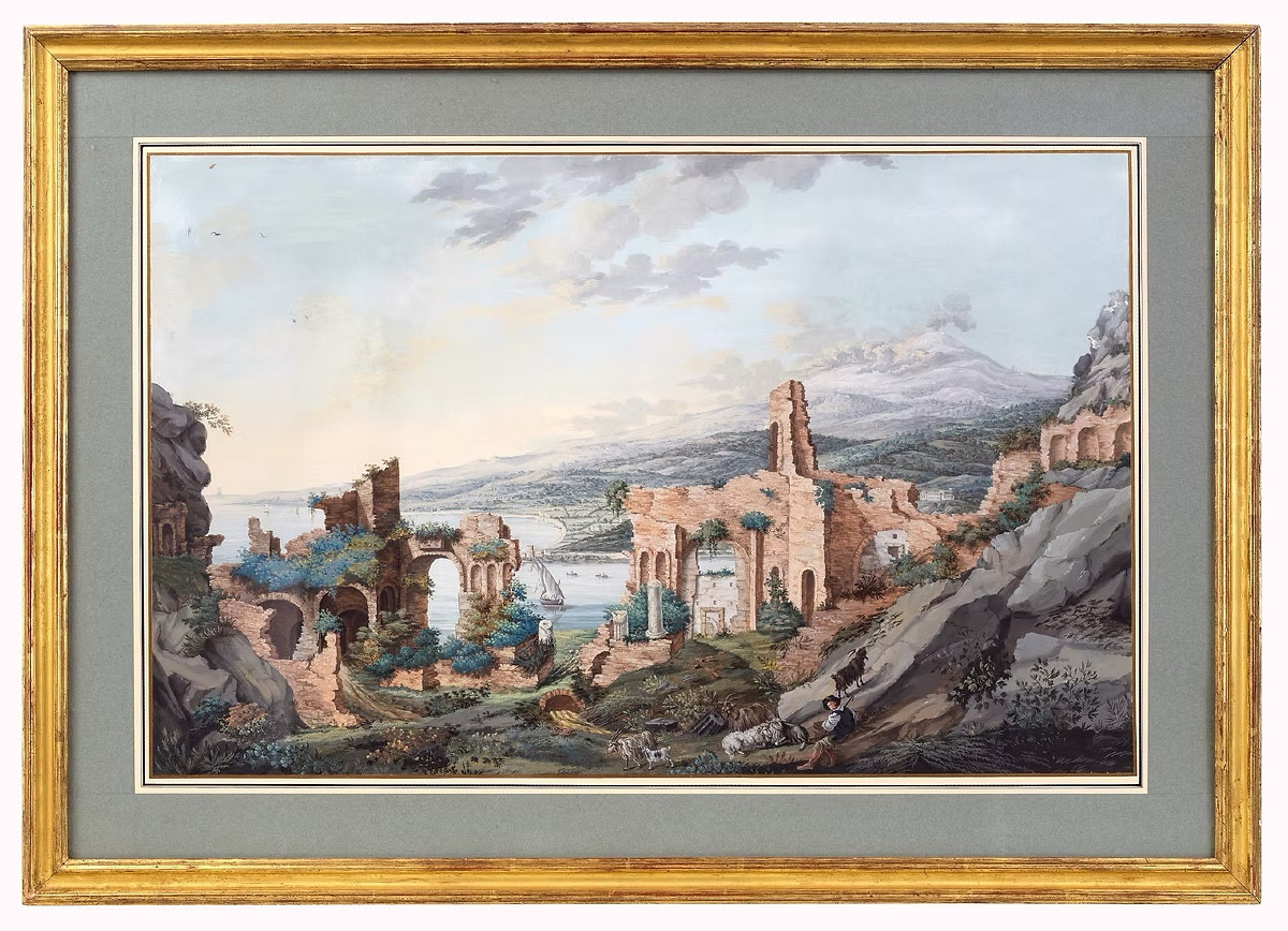 Agostino Aglio - Vue Large Sur Le Théâtre Antique De Taormine, Vers l'Etna-photo-2