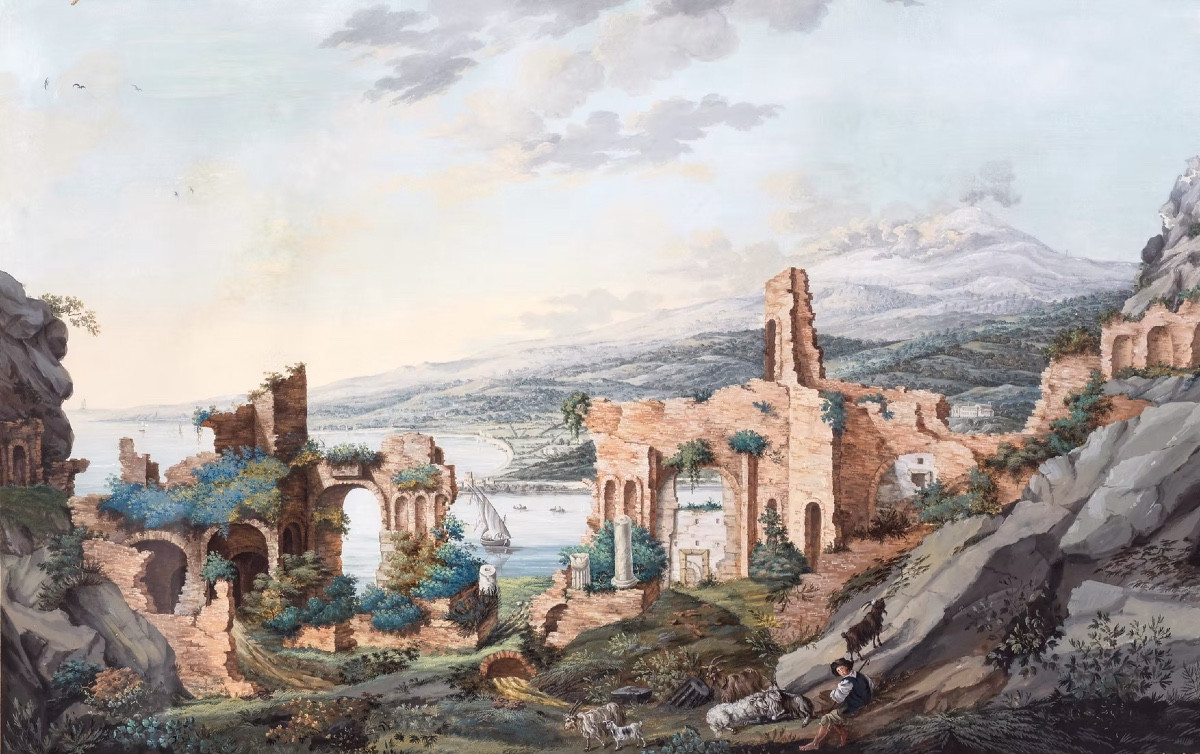 Agostino Aglio - Vue Large Sur Le Théâtre Antique De Taormine, Vers l'Etna