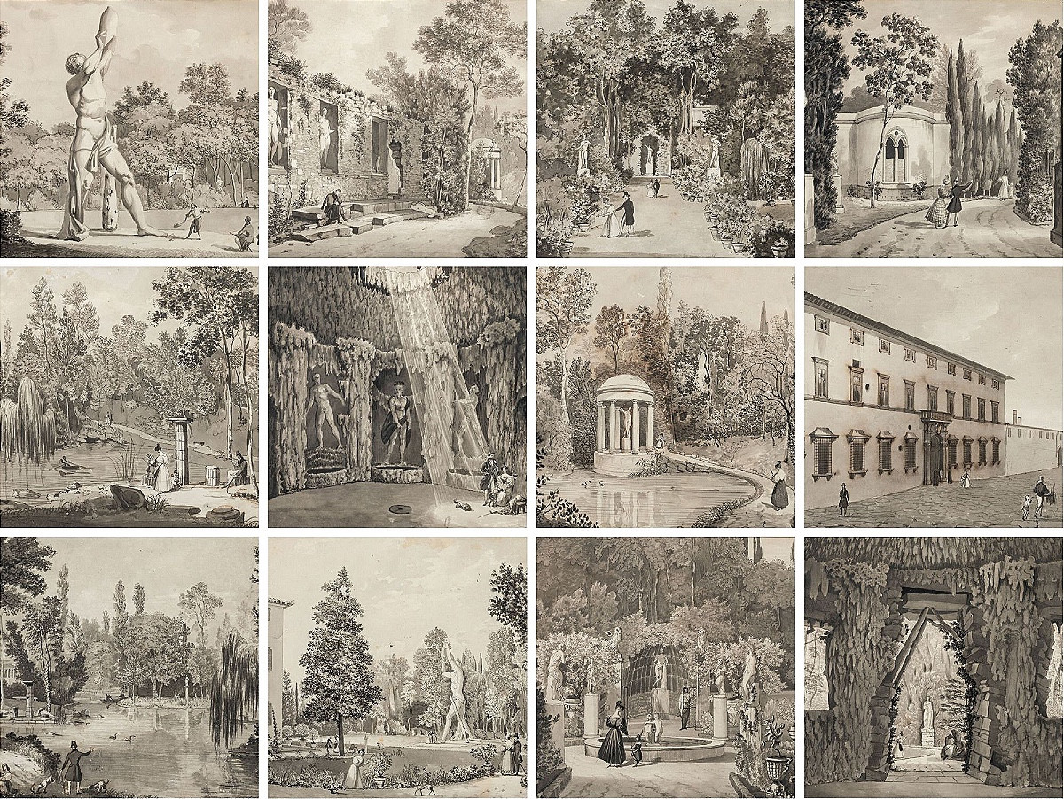 Emilio Burci - Original Drawings For 'vedute Del Giardino Del Mar. Strozzi-ridolfi'