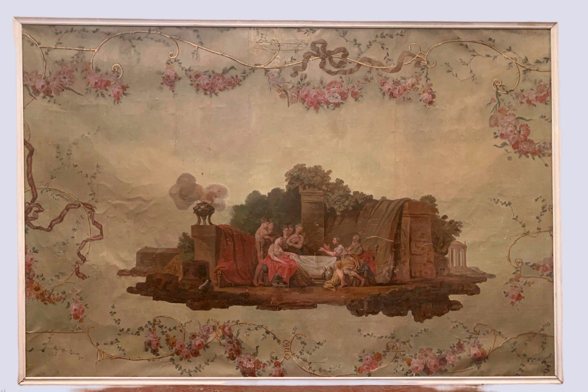 Peinture Sur Toile A Décor d'Une Scène A l'Antique Panneau Décoratif XIX Siècle