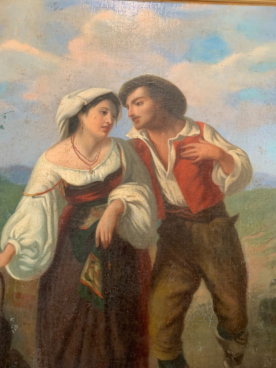 Huile Sur Toile Encadrée Couple De Personnage XIX Siècle-photo-3