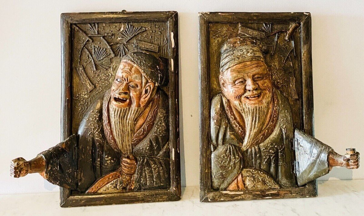 Pair Of Sconces In Carved Wood With Chinese Decor XX Century-photo-4