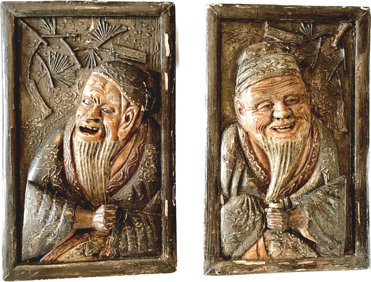 Pair Of Sconces In Carved Wood With Chinese Decor XX Century