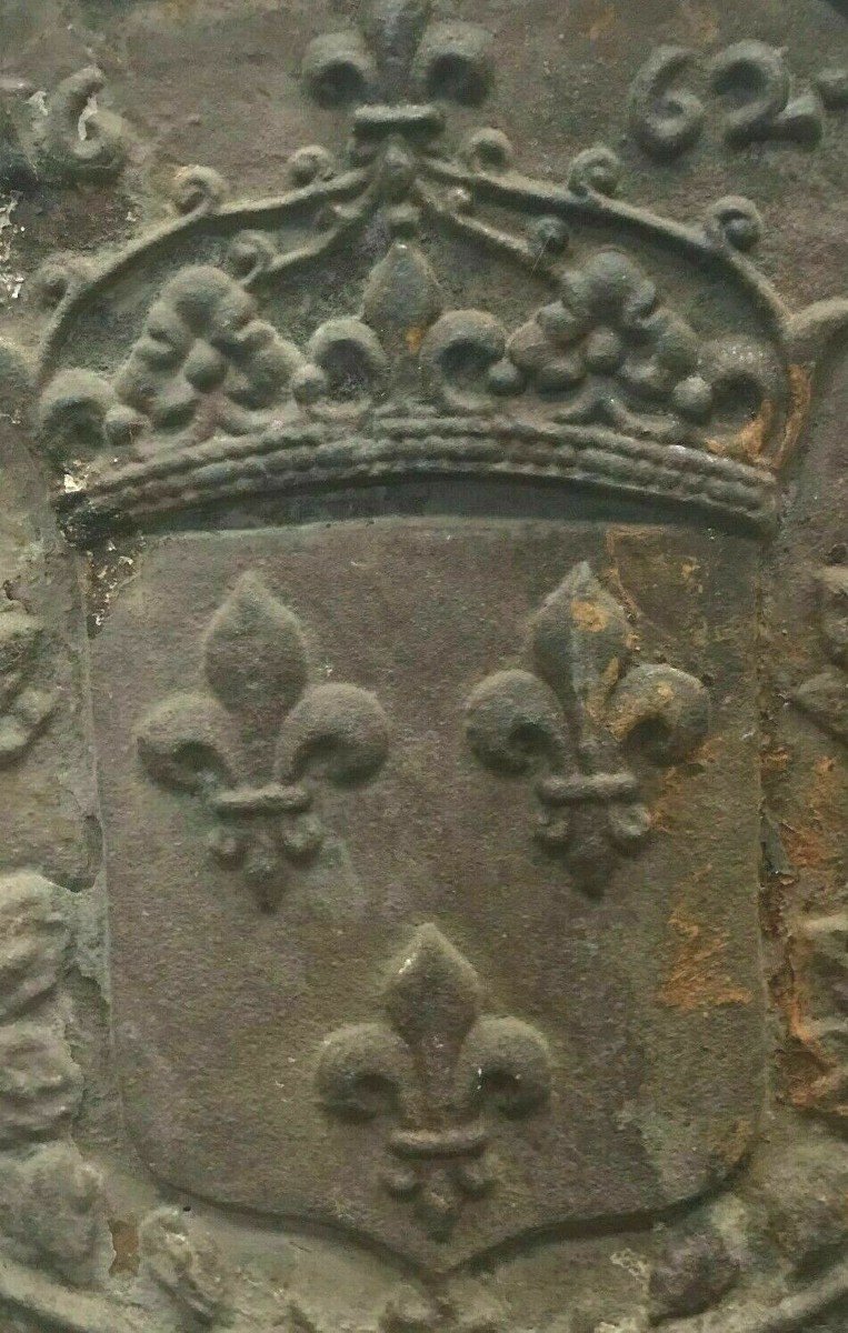 Plaque De Cheminée En Fonte De Fer Décorde Blason Couronné XIX Siècle-photo-2